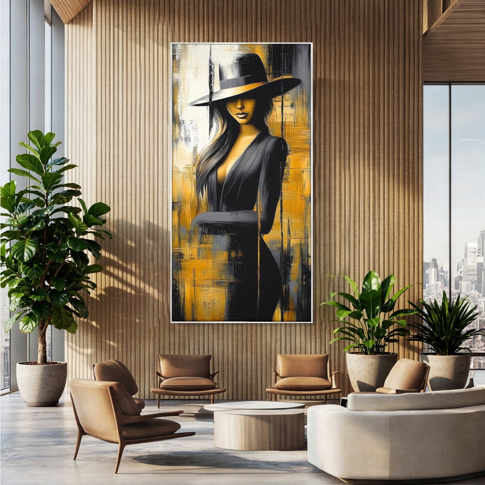 Tablou canvas cu tablou canvas cu silueta feminina si palarie, in rama de aluminiu argintiu, pe perete intr-un birou